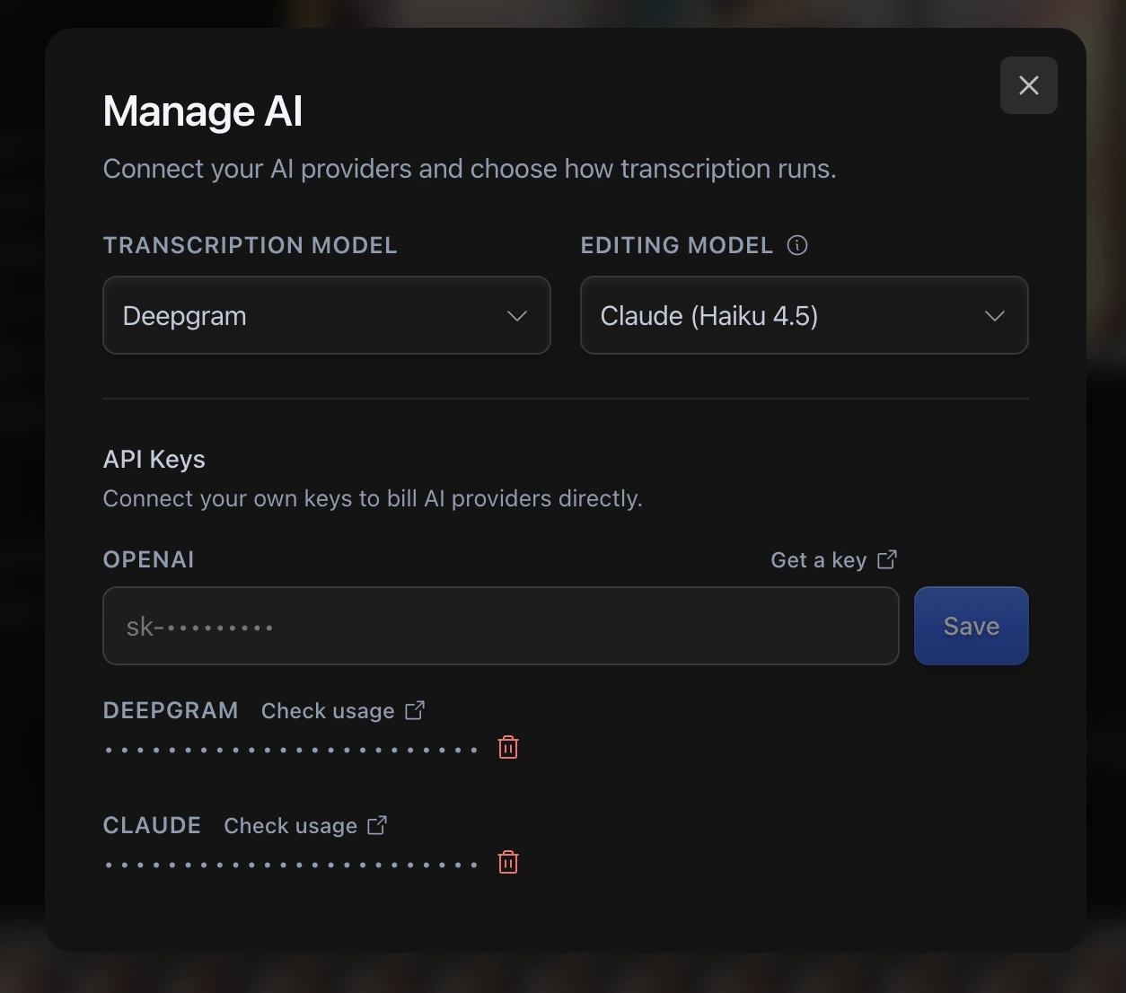 The Manage AI dialog