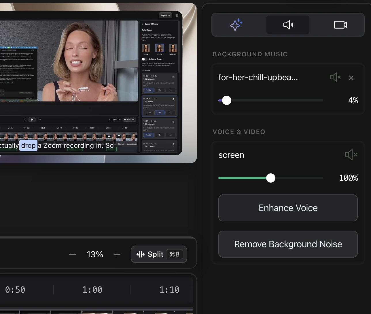 The Sound panel with noise removal and voice enhance