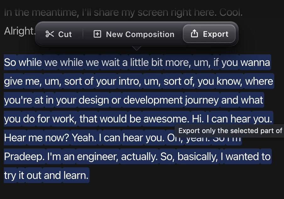 Transcript text selected, with the floating toolbar showing Cut, New Composition and Export