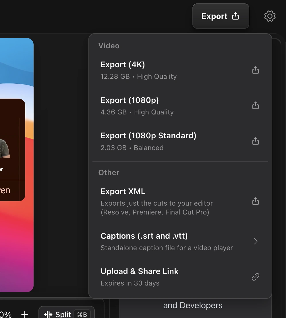 The Export menu showing quality options, Export XML and Export Captions