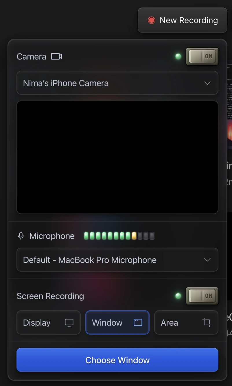 The recording setup panel showing Screen Recording, Camera and Microphone sections