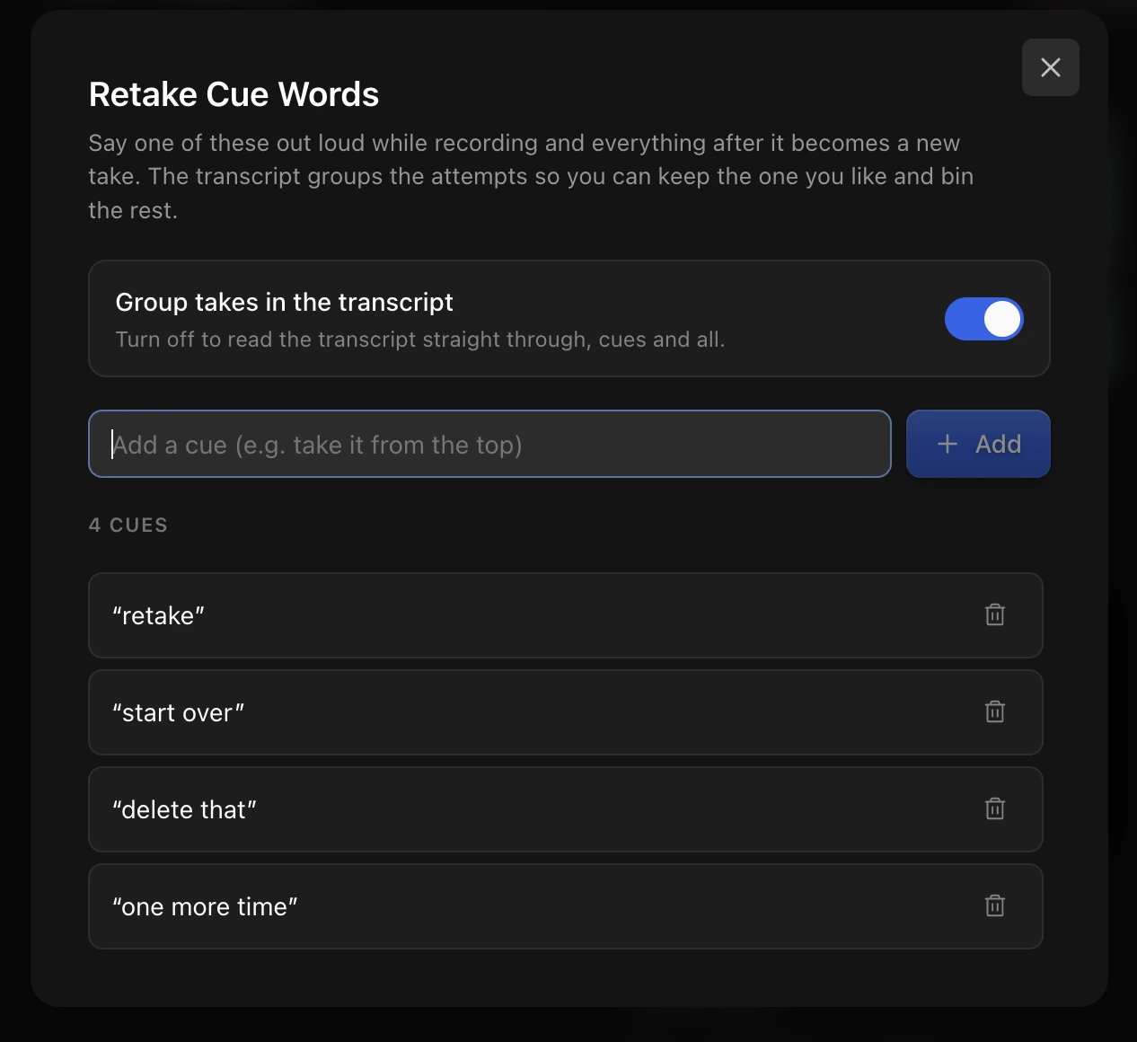 The Retake Cue Words dialog