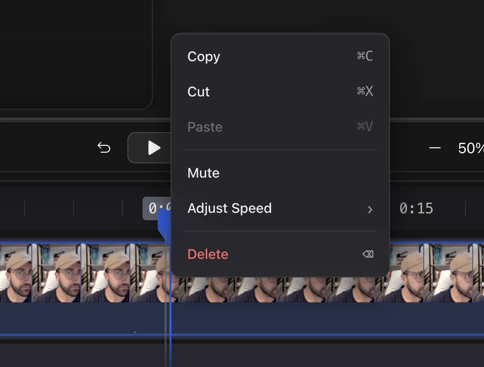 The timeline right-click menu with Mute, Adjust Speed and Delete
