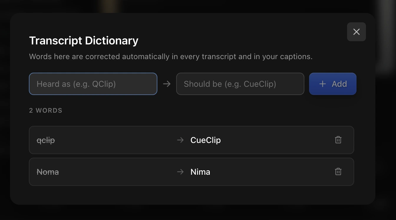 The Transcript Dictionary dialog