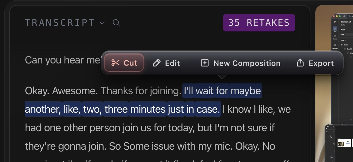 Selected transcript text with the floating action toolbar