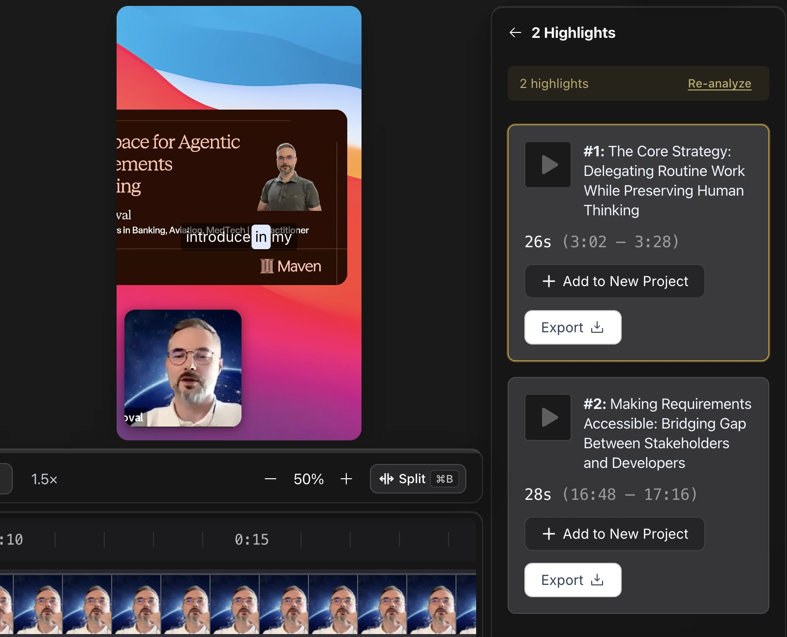 The Highlights panel listing suggested clips